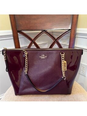 Coach Patent and Pebbled Leather Tote in Plum with Gold Hardware